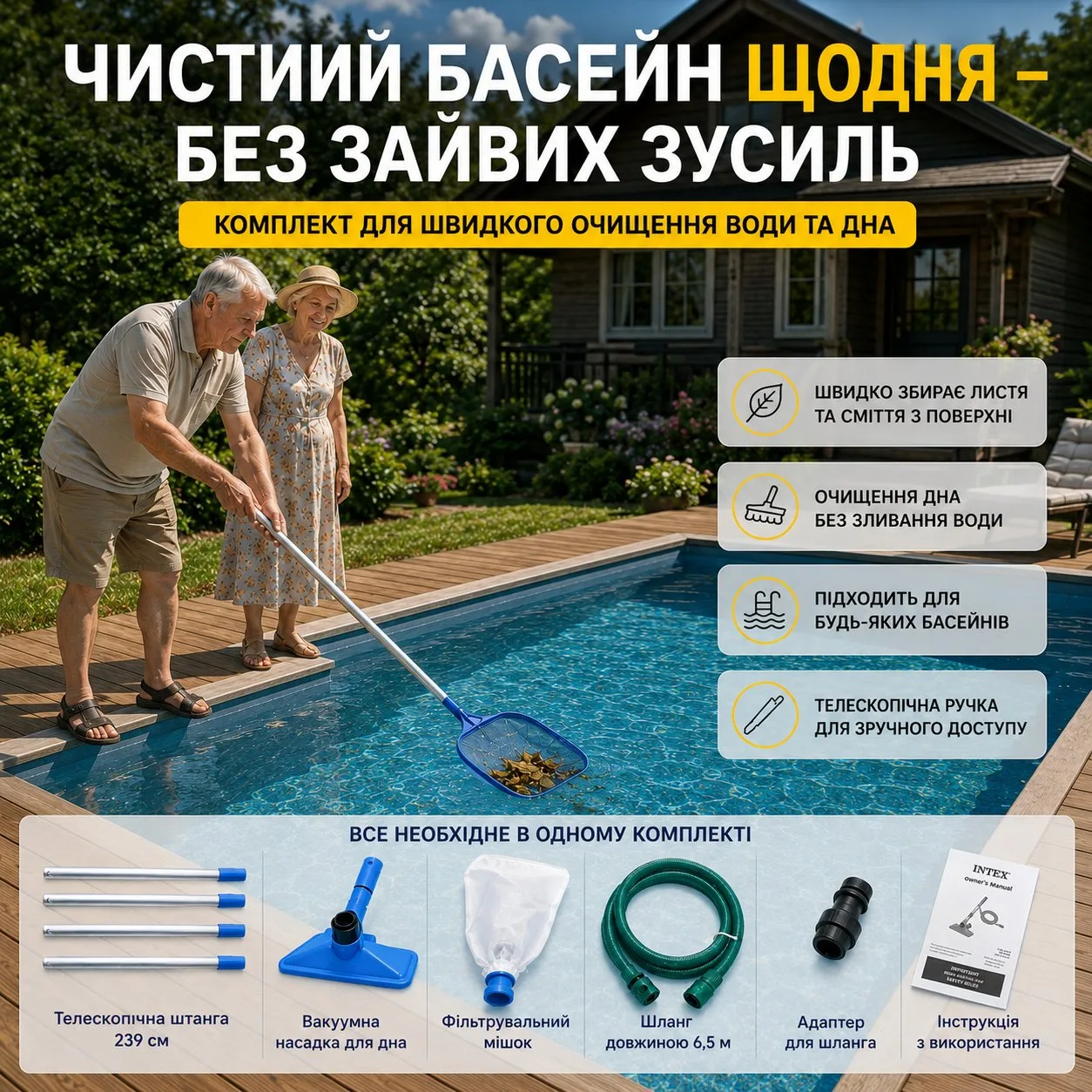 Подружжя доглядає за чистим басейном на дачі