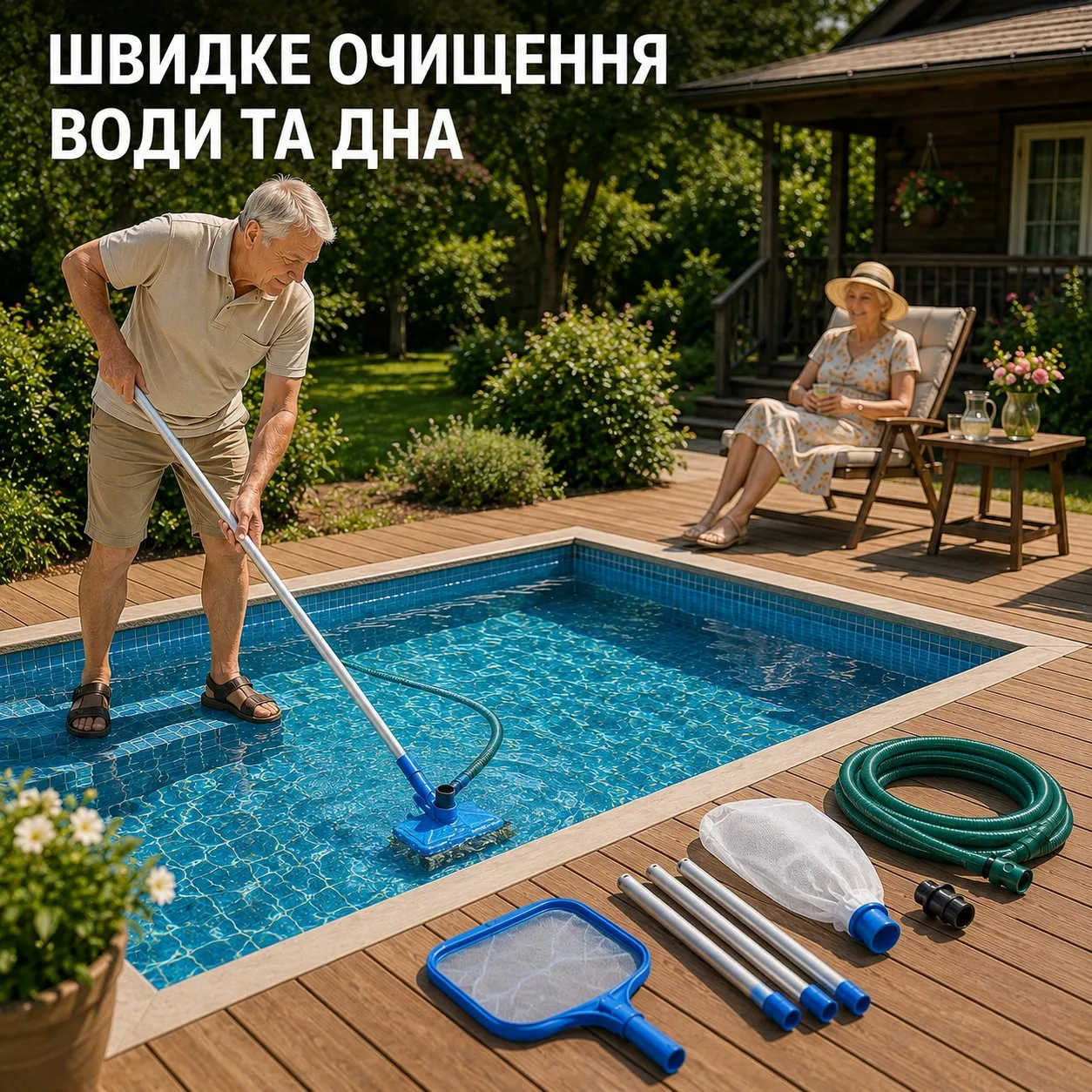 Чоловік чистить басейн насадкою для дна